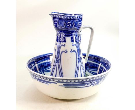 Royal Doulton Aubrey pattern Flow Blue Art Nouveau basin &amp; jug/pitcher: Height of jug 35cm (2) 