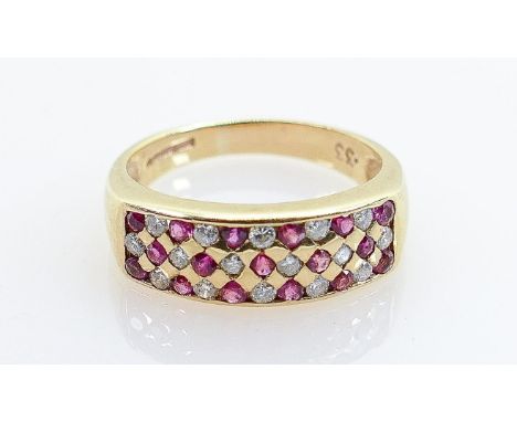 9ct gold hallmarked ruby &amp; diamond ring: Ring size R, weight 4.4g.  Marked as having .33ct of diamonds.  16 diamonds and 