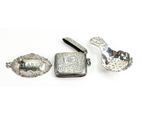 Silver vesta case caddy spoon and claret label: All hallmarked silver, all 20th century hallmarks.  Gross weight 64g. 