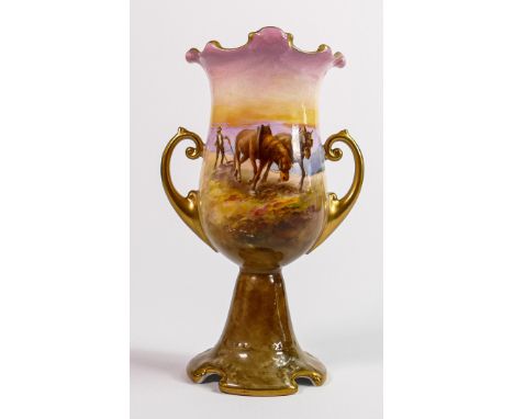 Royal Doulton two handled vase on stand: Hand painted with farmer ploughing by Percy Curnock, h.17cm. 