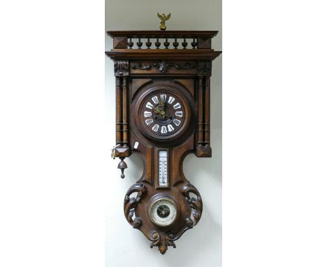 Early 20th century Vienna carved walnut keyhole wall clock: With barometer, h.86 x w.44cm. 