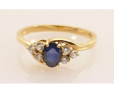 18ct gold hallmarked sapphire &amp; white stone ring: Gross weight 2.4g, size N1/2. 