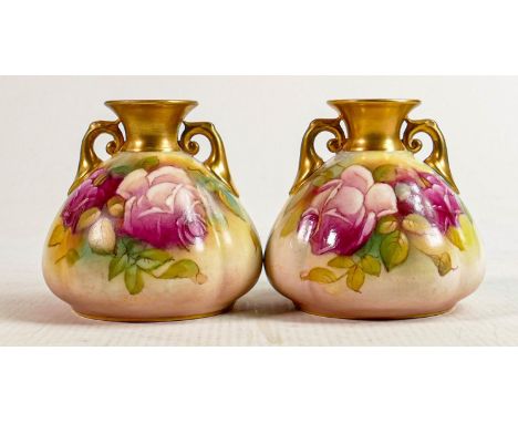 Pair Royal Worcester hand painted Roses design vase signed M Hunt: Puce backstamp, height 8.5cm (2) 