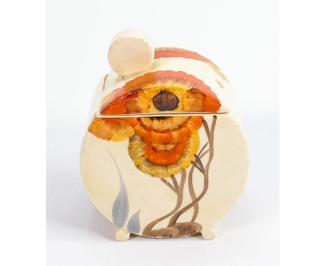 Clarice Cliff (Wilkinson) jam pot &amp; cover in the Rhodanthe design: Height 10.5cm 