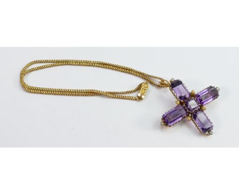 High carat gold mounted amethyst and pearl cross with chain: High carat chain 40cm long, Amethyst set pendant measuring 47mm 