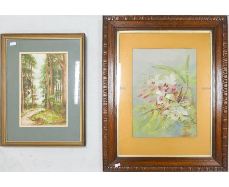 Herbert Betteley, watercolour painting of orchids: Dated 1911 in oak frame, 36 x 26cm and another painting of trees dated 192