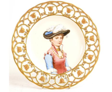 Dresden reticulated plated with portrait centre panel: Signed to rear, diameter 23cm 