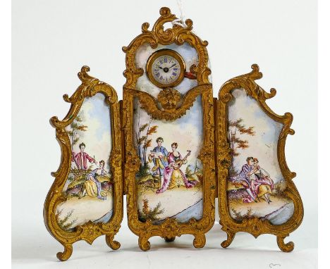 Miniature Ormolu &amp; enamel clock: In the form of a tri fold screen.  10.5cm high x 10.25cm wide.  Some minor damage to ena