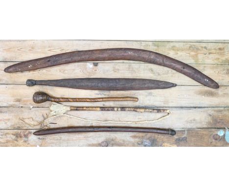 Antique Indigenous Aboriginal Weapons including: Boomerang with incised decoration (107cm drilled for wall mounting), incised