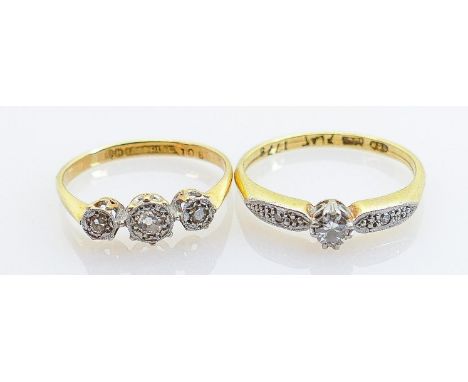 Two 18ct gold &amp; platinum diamond rings: Gross weight 4.1g.  Single stone approx. 20 points or 1/5th carat with diamond ch