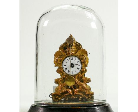 Miniature French clock under tiny glass dome: Overall height inc. dome 11cm.  Not working. 
