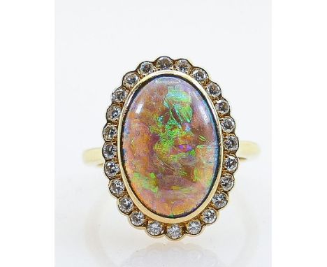 18ct gold hallmarked black opal &amp; diamond cluster ring: Outstanding ring supplied by Boodles, ring size T, 24 small but h