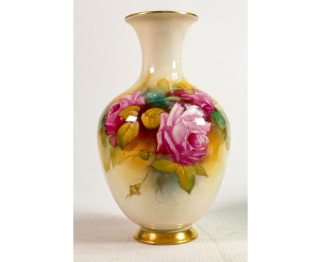 Royal Worcester hand painted Roses design vase signed M Hunt: Puce backstamp, height 19.5cm 