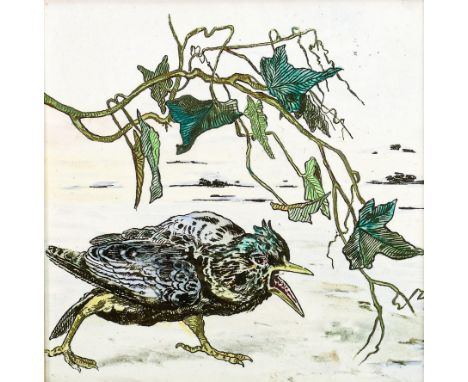 Minton and Hollins Aesthetic Movement framed tile: Imagery of starling &amp; foliage, 28.8cm square 