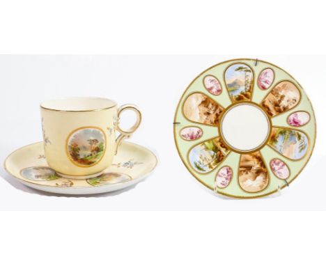 Cabinet plate, cup and saucer: Porcelain plate hand painted with panels of country scenes by R J keeling, d.22.5cm together w