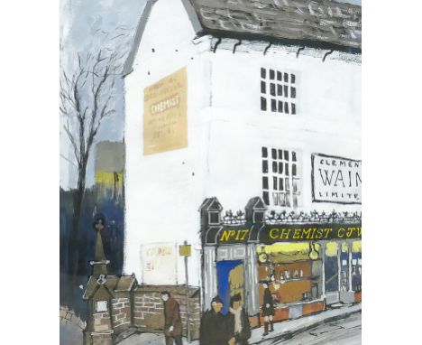 Watercolour by D Swan local interest painting Newcastle under Lyme: Depicting Clement Wain Ltd., Chemist.  Measures 57cm x 37