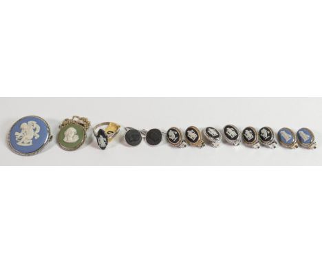 Group of Wedgwood silver jewellery: Includes 4 pairs of earrings, brooch, cuff links, ring and pendant with sterling silver c