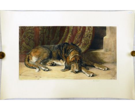 Herbert Dicksee THE SENTINEL: Bloodhound lying in doorway.  A hand coloured reproduction by photography from the exceedingly 