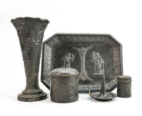 Wedgwood black Basalt ladies dressing table set: Comprising tray, ring stand, vase and 2 boxes with covers. (5) 