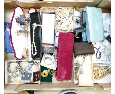 A collection of vintage ladies costume jewellery: Comprising pearl sets, brooches, chains, pendants, silver ingot, watches et