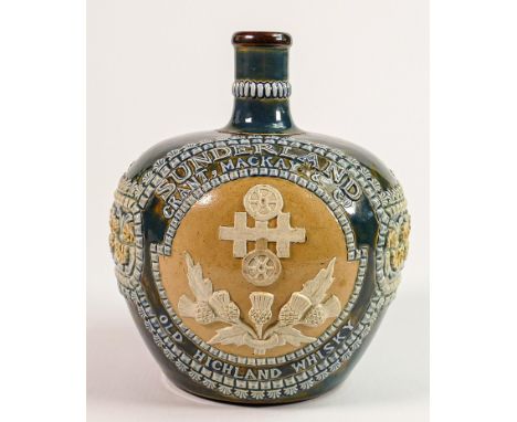 A rare Doulton Lambeth Stoneware whisky flask: For Grant MacKay &amp; Co., Sunderland, Old Highland Whisky, impressed marks, 