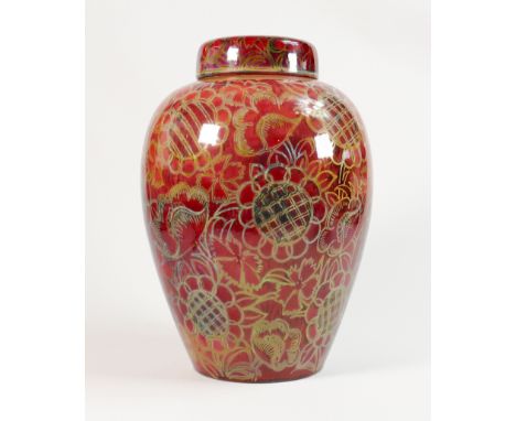 William S Mycock for Pilkington Royal Lancastrian lustre ginger jar &amp; cover: 1926, painted with green flower heads &amp; 