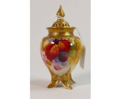 Royal Worcester hand painted Blackberries &amp; Leaves design potpourri pot &amp; cover signed K Blake: Puce backstamp, heigh