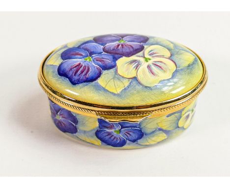 Moorcroft Enamel trinket box with Pansy design: Length 5.3cm, boxed 