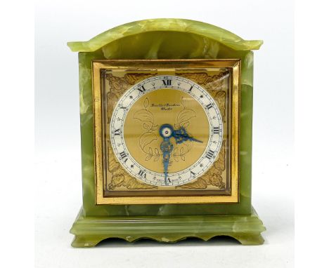 Onyx cased Elliot miniature Bracket clock retailed by Boodle &amp; Dunthorne: Height 16cm, 14cm width, 7cm depth, with key 