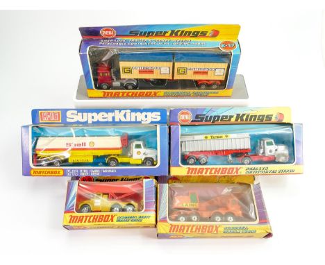 A collection of boxed Matchbox SuperKings vehicles including: K-16 Petrol Tanker, Ford LT5 Articulated Tipper, Scammell Mobil