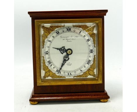 Mahogany cased Elliot miniature Bracket clock timepiece retailed By Garrard of London: Height 14cm, 13cm width, 6.5cm depth, 