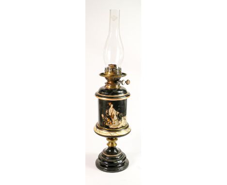 Victorian Earthenware lamp base in Japanned design: Duplex burner noted, height with chimney 67cm. 