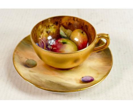 Royal Worcester hand painted Fallen Fruit design cup &amp; saucer: Saucer signed Powell &amp; cup signed M Everett Puce backs