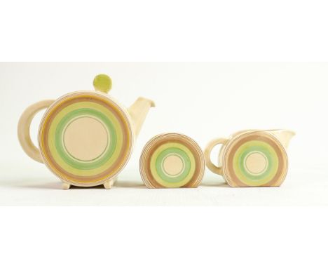 Clarice Cliff Wilkinsons Bon Jour tea set: Comprising tea pot, milk jug and sugar bowl, (damage to lid of teapot) (3) 