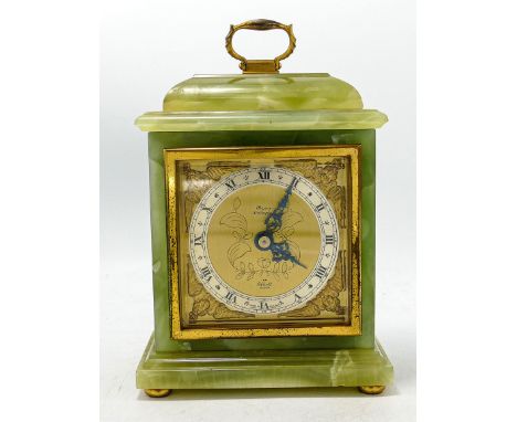 Onyx cased Elliot miniature Bracket clock retailed by Poyser: Height 21cm, 14cm width, 7cm depth, with key 