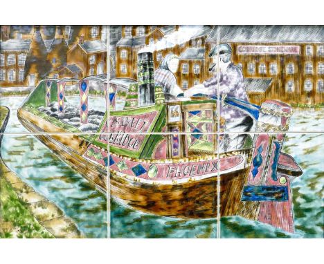 Cobridge Stoneware 6 tile panel Phoenix, Canal Barge: Signed by artist &amp; painter 52.5cm x 72.5cm 