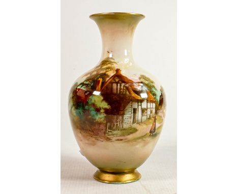 Royal Worcester hand painted Cottage scene design vase signed R Lewis: Green backstamp, height 19.5cm 