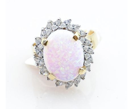 14ct yellow gold opal &amp; white sapphire ring: Opal measures 16mm x 12mm appx.  Ring size W1/2.  Weight 7.7g.  With certifi