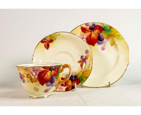 Royal Worcester hand painted Blackberry design trio signed K Blake: Puce backstamp 