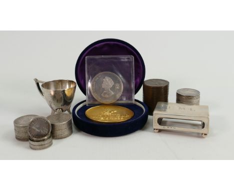 A collection of silver items to include: Four screw top pill boxes made from Indian Silver coins together with UK George III 