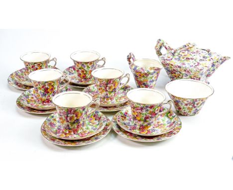 A collection of James Kent Du Barry Chintz tea ware including: 6 trios damaged large teapot &amp; cream &amp; sugar, 21 piece