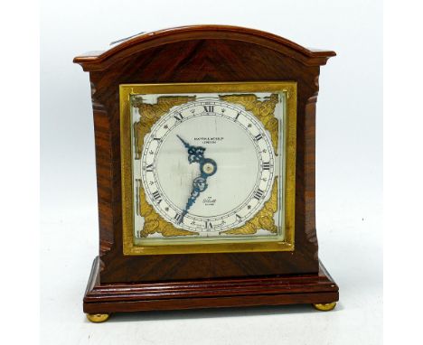 Mahogany cased Elliot miniature Bracket clock timepiece retailed by Mappin &amp; Webb London: Height 17.5cm, 16cm width, 7cm 