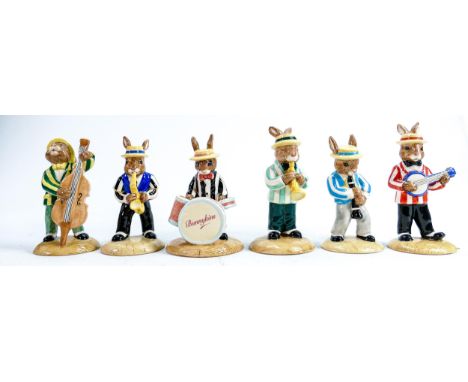 Royal Doulton Bunnykins figures from the Jazz Band Collection: Comprising Clarinet Player DB184, Double Bass Player DB185, Sa