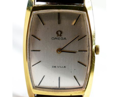 Omega De Ville manual gentlemans oblong wristwatch: c1970s, gold plated oblong case with leather strap. 