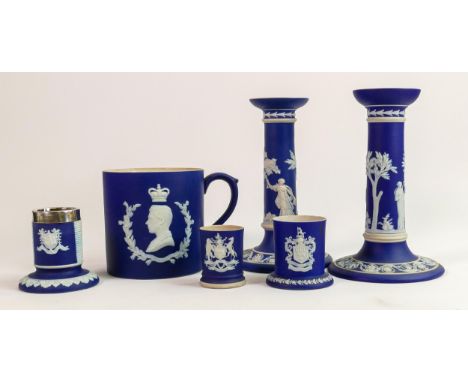 Wedgwood dip blue items to include: Candlesticks, silver rimmed match pot, crested similar item &amp; commemorative tankard, 