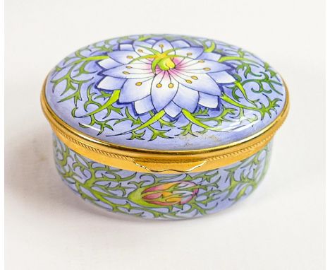 Moorcroft Enamel trinket box with Love in a Mist design: Length 6cm 