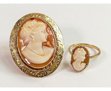 9ct gold oval cameo brooch and a matching dress ring: Ring size P, total weight 9.9g. (2) 