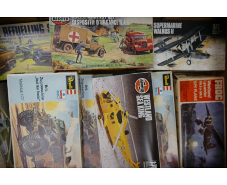 A collection of unmade Airfix Revell &amp; Frog 1:72 scale model kits to include: Revell Brit Zugmaschine x 3, Frog Westland 