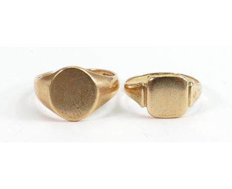 Two 9ct hallmarked gold signet rings: Gross weight 8.8g, sizes Q/R &amp; V, largest has two extremely light initials scatched