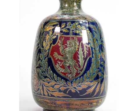 William S Mycock for Pilkington Royal Lancastrian lustre heraldic vase: 1922, painted with red shield of rampant lion, on a b